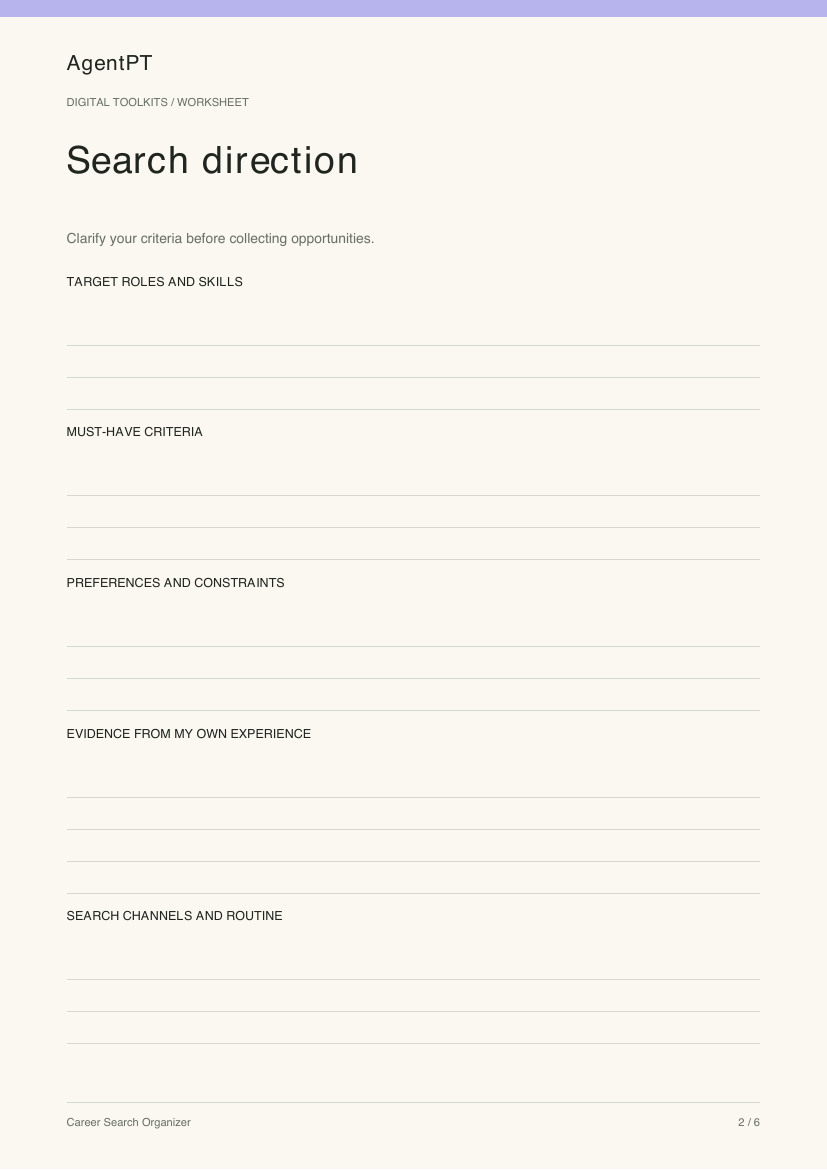 Actual Search direction worksheet from the AgentPT Career Search Organizer PDF