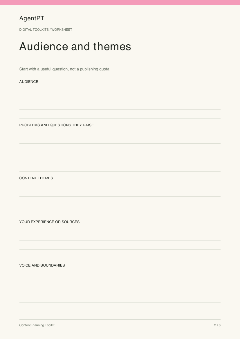 Actual Audience and themes worksheet from the AgentPT Content Planning Toolkit PDF
