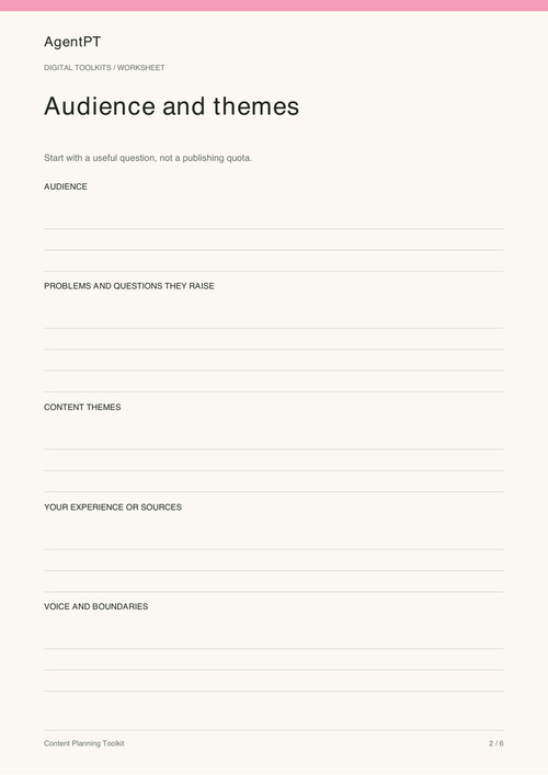 Actual Audience and themes worksheet from the AgentPT Content Planning Toolkit PDF