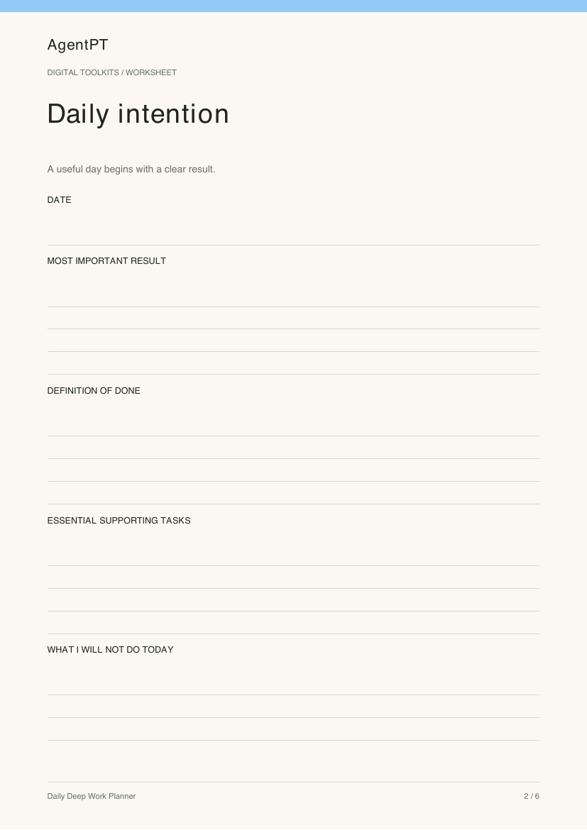 Actual Daily intention worksheet from the AgentPT Daily Deep Work Planner PDF