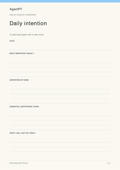 Actual Daily intention worksheet from the AgentPT Daily Deep Work Planner PDF