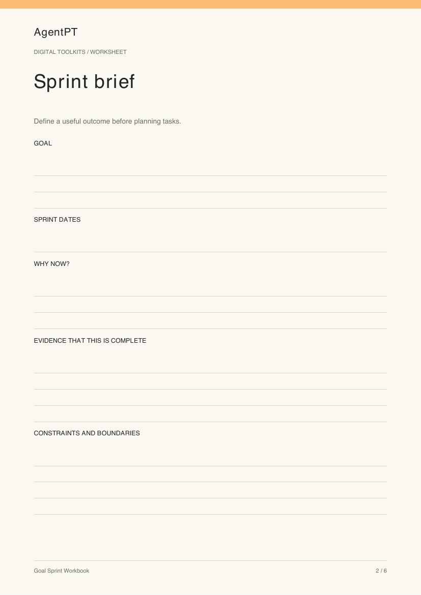 Actual Sprint brief worksheet from the AgentPT Goal Sprint Workbook PDF