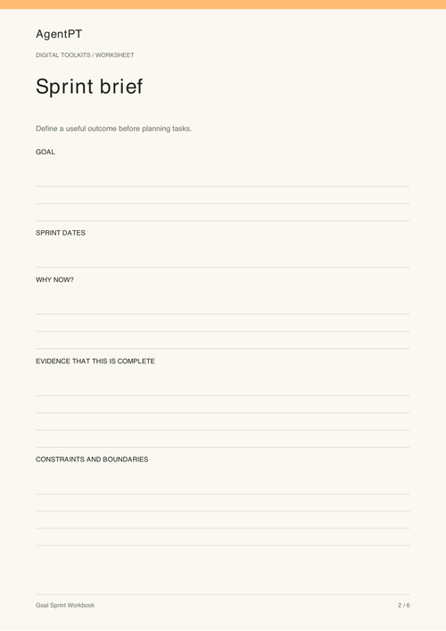 Actual Sprint brief worksheet from the AgentPT Goal Sprint Workbook PDF