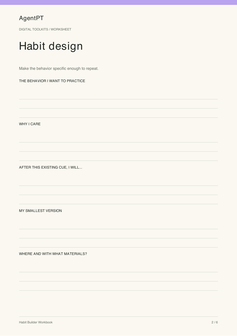 Actual Habit design worksheet from the AgentPT Habit Builder Workbook PDF