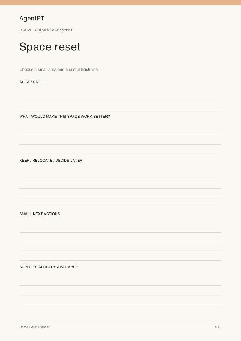 Actual Space reset worksheet from the AgentPT Home Reset Planner PDF