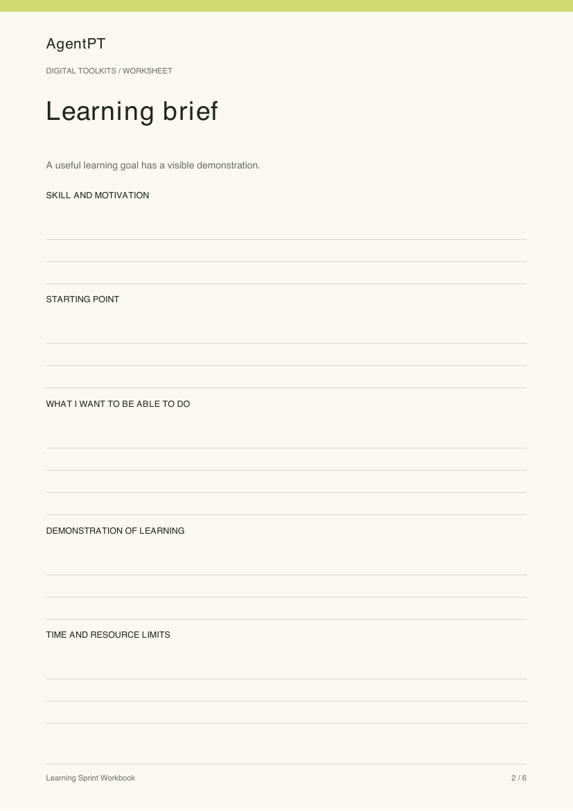 Actual Learning brief worksheet from the AgentPT Learning Sprint Workbook PDF