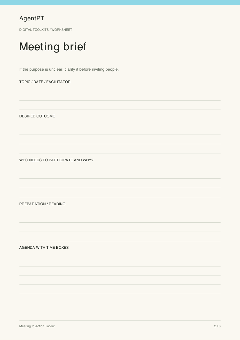 Actual Meeting brief worksheet from the AgentPT Meeting to Action Toolkit PDF
