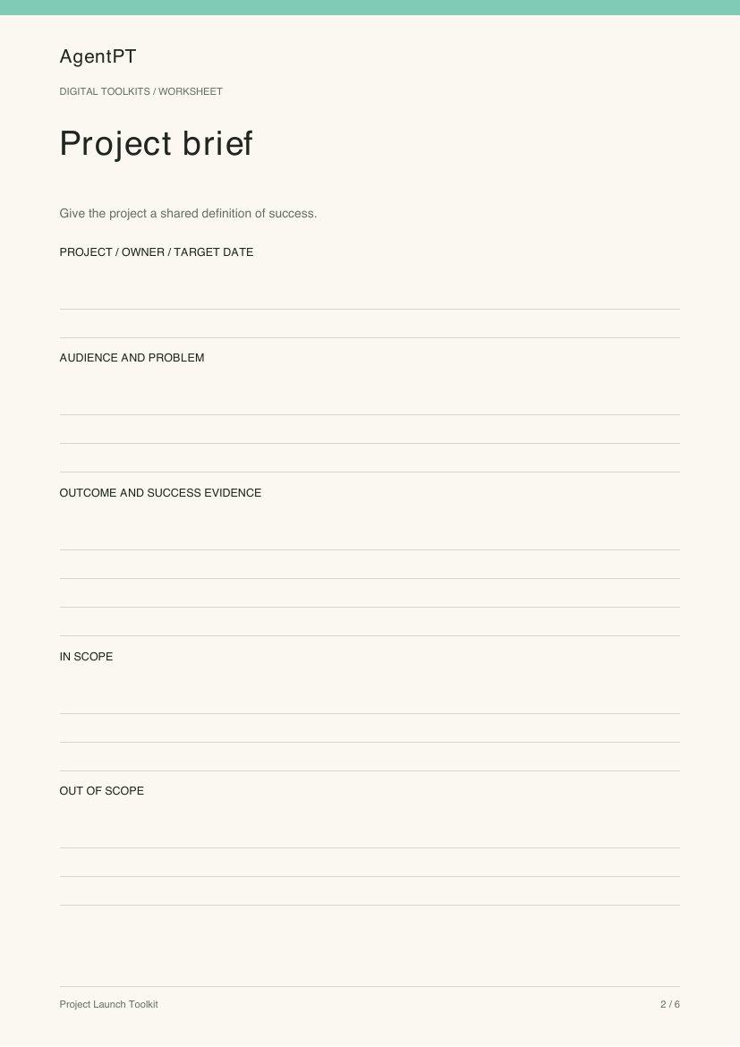 Actual Project brief worksheet from the AgentPT Project Launch Toolkit PDF