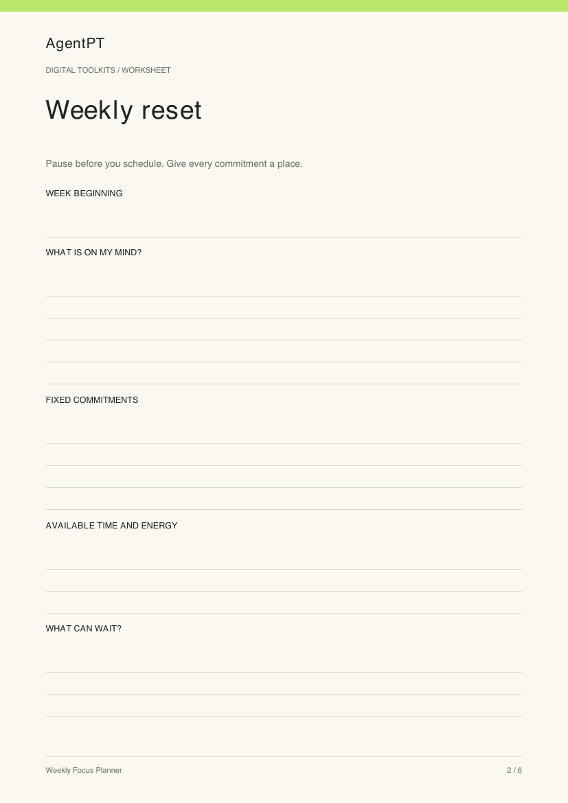 Actual Weekly reset worksheet from the AgentPT Weekly Focus Planner PDF